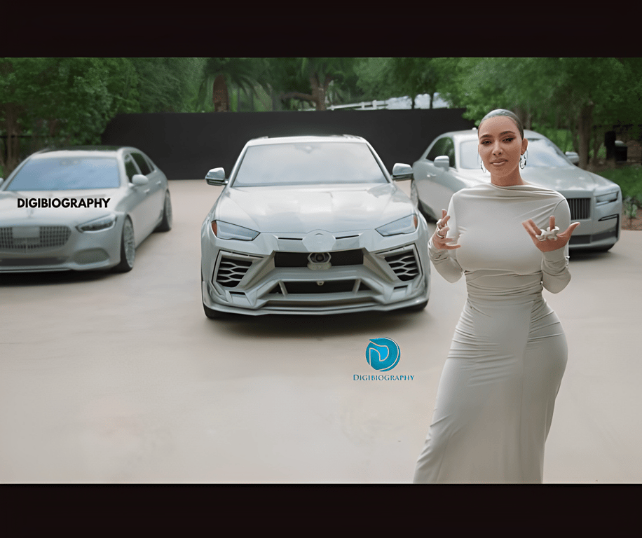 Kim Kardashian stands in her parking and wears a white dress