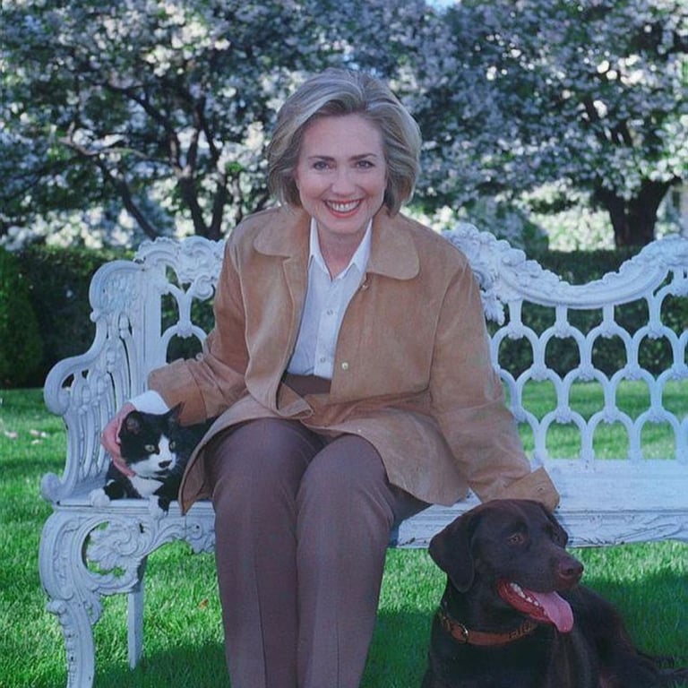 Hillary Clinton sitting in the garden with her dog