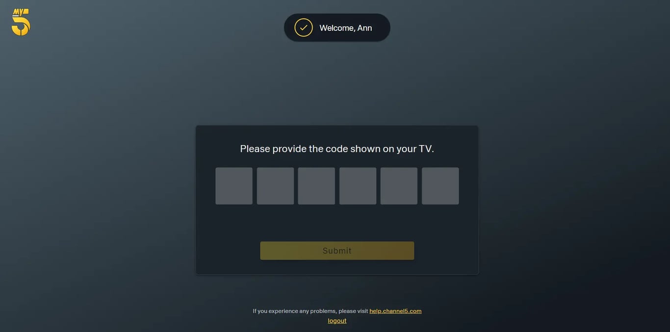 Enter the Code Showing on your TV Screen to Activate MY5 or Channel 5