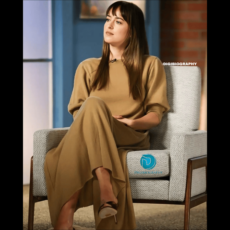 Dakota Johnson sitting on the sofa and wearing a brown dress