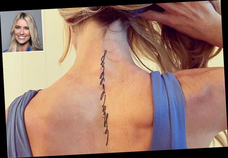 Christina Anstead showing a tattoo on the backside of their neck 