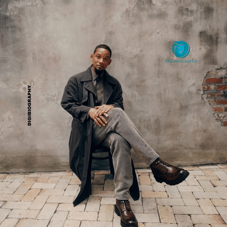 Will Smith sitting on the chair and wearing a long court
