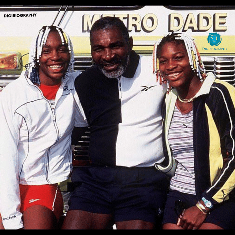 Richard Williams stands with her sisters while wearing a black and white t-shirt