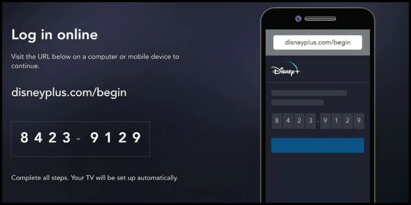 Entering 8 digit code on Disneyplus.com/begin URL OR Disneyplus.com login/begin and Pressing the Continue button
