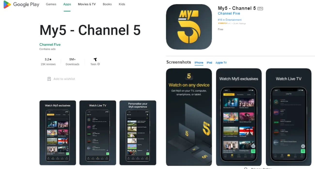 download the My5 application for the iOS and Android device