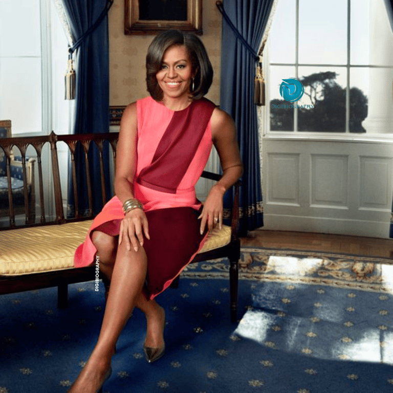 Michelle Obama wearing a pink dress while sitting on the sofa