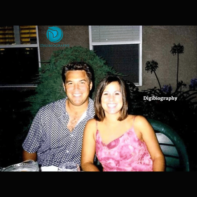 Laci Peterson sitting with their husband on the chair outside of the house