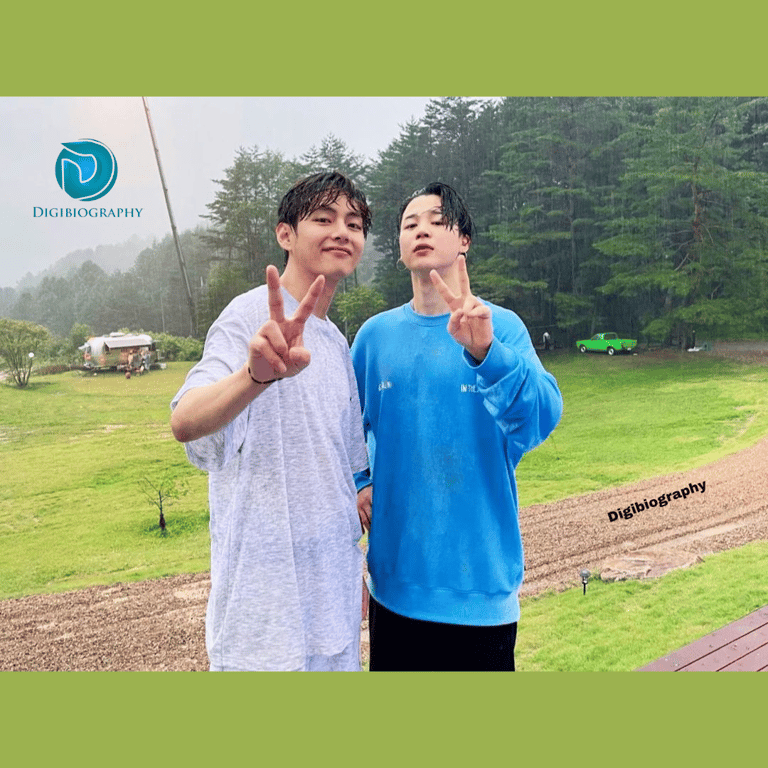 Park Jimin stands with their friend in the rain in the forest area