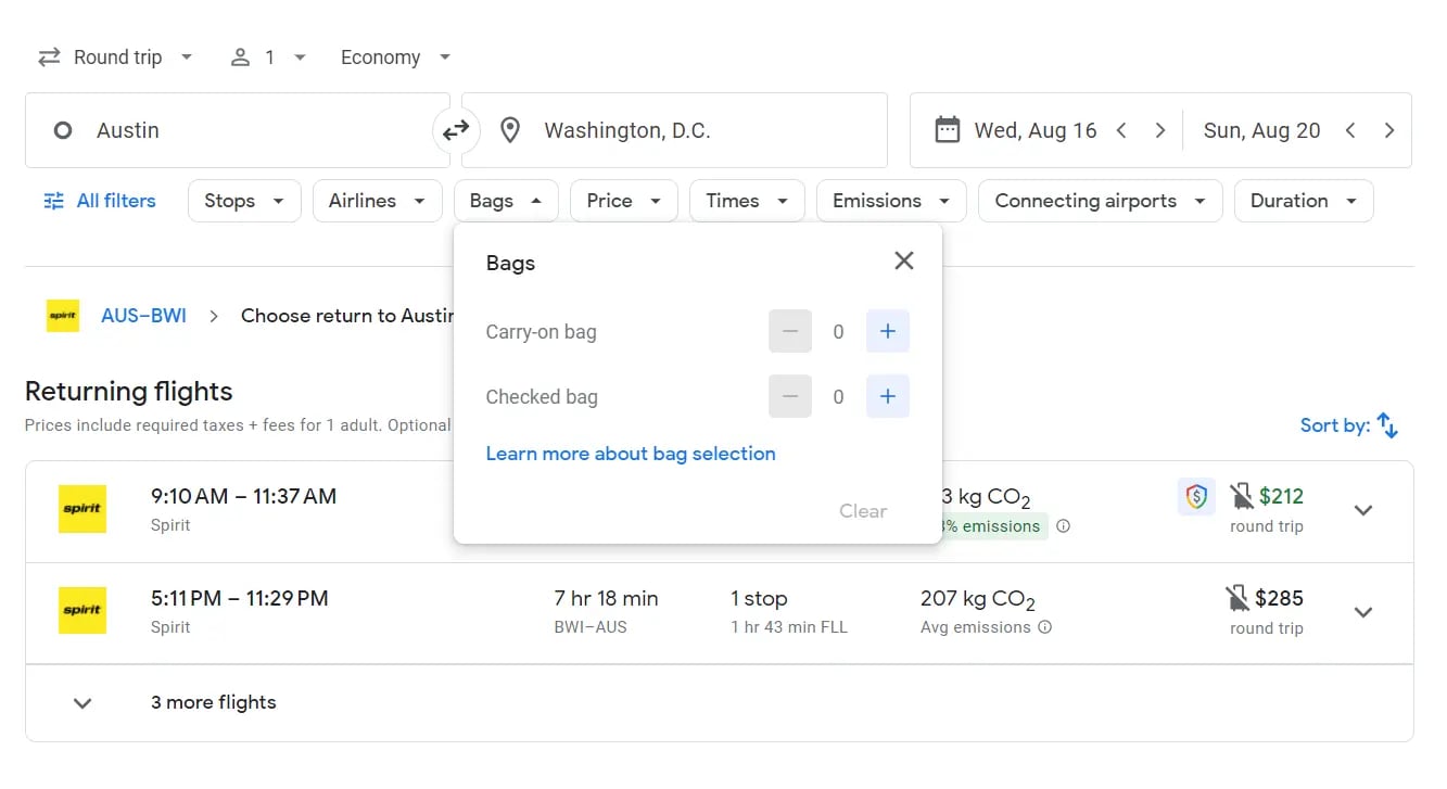The image shows a limit set for the number of bags that can be added to a traveler's quote when booking a flight.