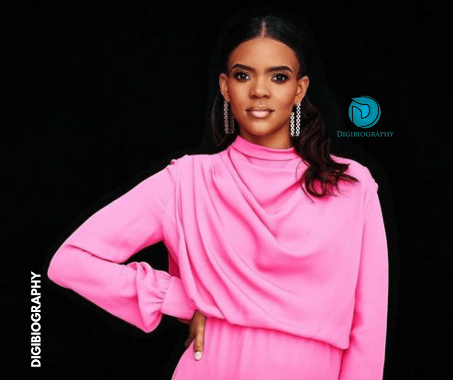Candace Owens wearing a pink dress and stand in black background