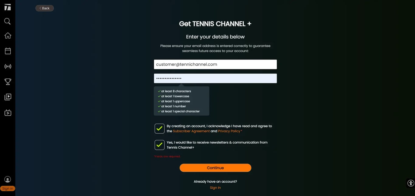 Enter your Email ID & Password to create tennischannel Account