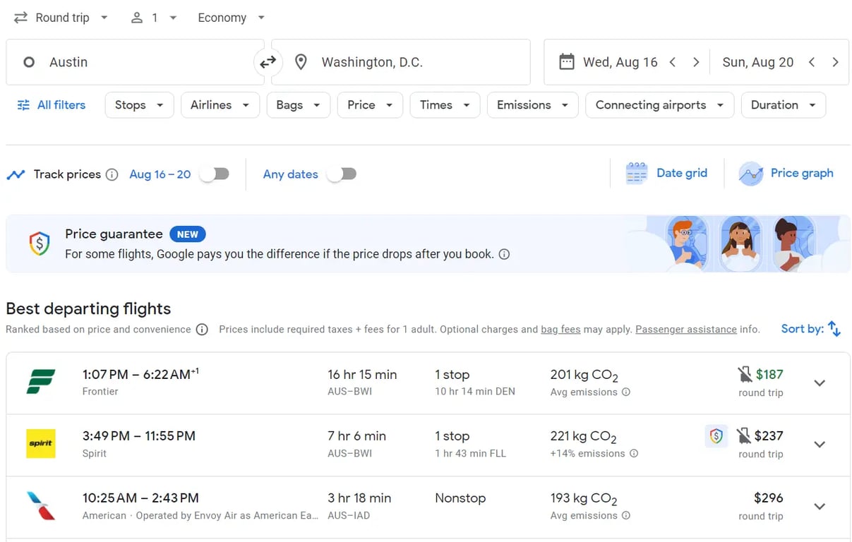 This image illustrates the complete process of searching for plane tickets on Google Flights, including selecting all options and viewing the price tags.