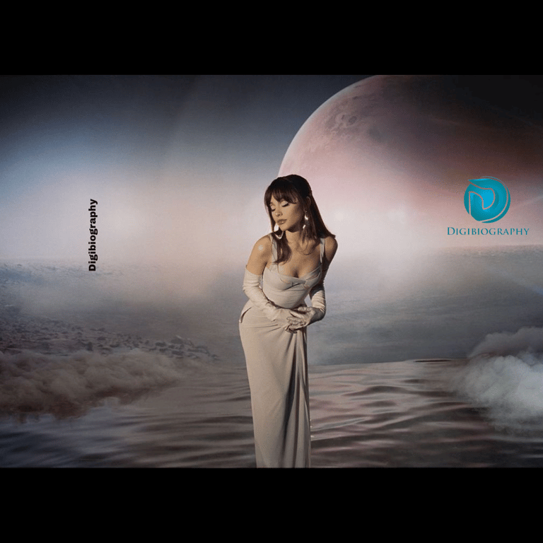 Ariana Grande wearing a dress and had a photo like she is standing on the water of the moon
