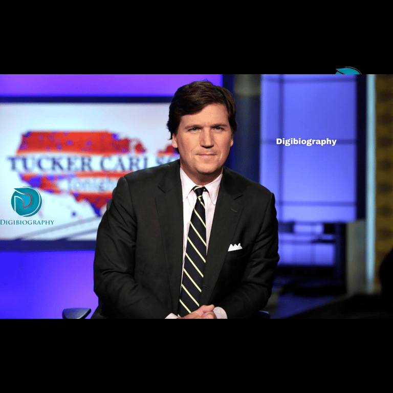 Tucker Carlson wearing a black suit and sitting in the tv show