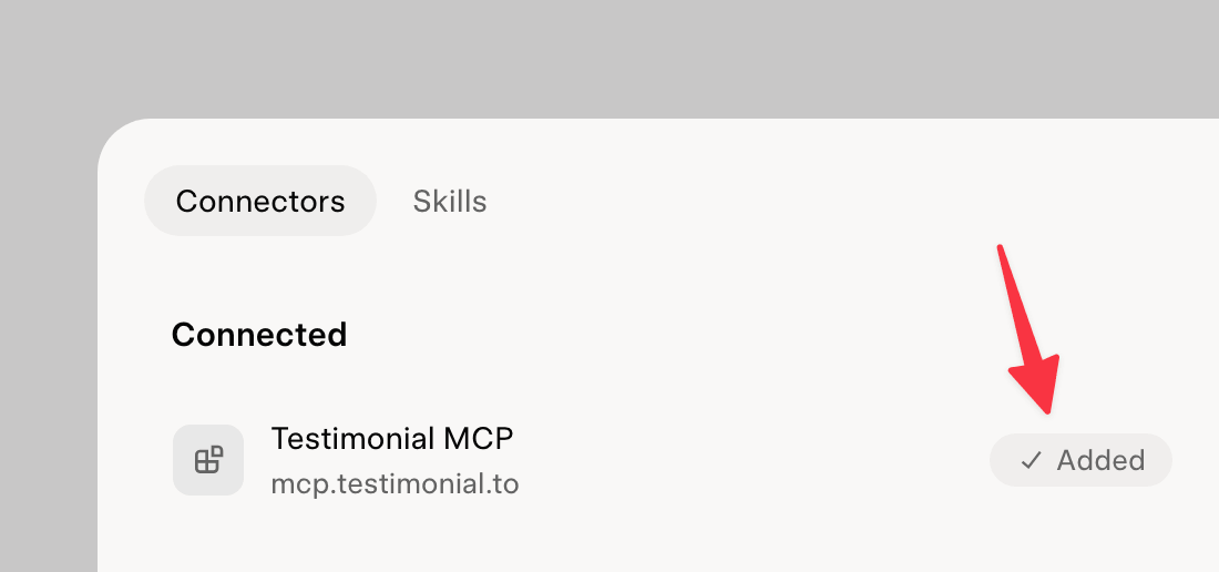 Grok connectors list showing Testimonial MCP added