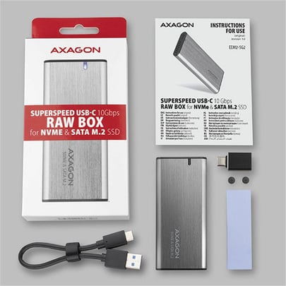 AXAGON EEM2-SG2, USB-C 3.2 Gen 2 - M.2 NVMe & SATA SSD Metallic RAW box,  Screwless opening HDD adapter - 2210016 | furbify