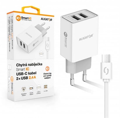 Aligator USB Charger, 2xUSB - 2.4A, Smart IC,USB C Cable, White - 2310010 #2