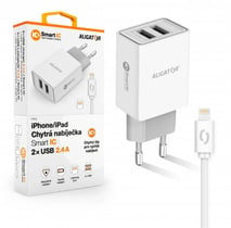 Aligator USB Charger, 2xUSB - 2.4A, Smart IC, White, USB cable for iPhone/iPad (Lightning)