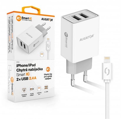 Aligator USB Charger, 2xUSB - 2.4A, Smart IC, White, USB cable for iPhone/iPad (Lightning) - 2310004 #1