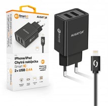 Aligator USB Charger, 2xUSB - 2.4A, Smart IC, Black, USB cable for iPhone/iPad (Lightning)