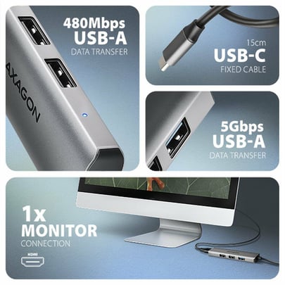 AXAGON HMC-H3A, USB 5Gbps hub, 3x USB-A, HDMI 4k 30Hz, cable USB-C 15cm - 1980008 #3