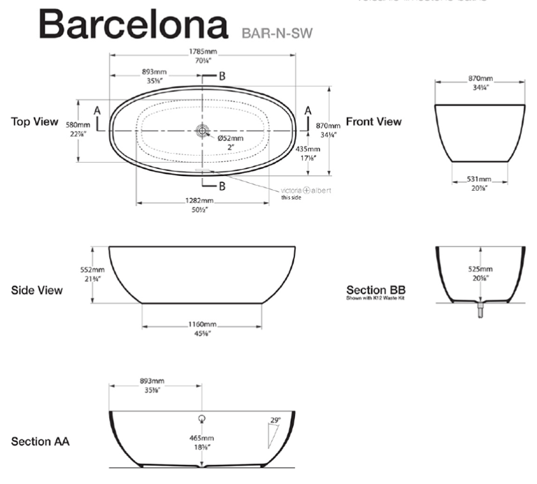 Barcelona 1800 Freestanding bath 1800 x 865mm, without overflow, with void under bath image