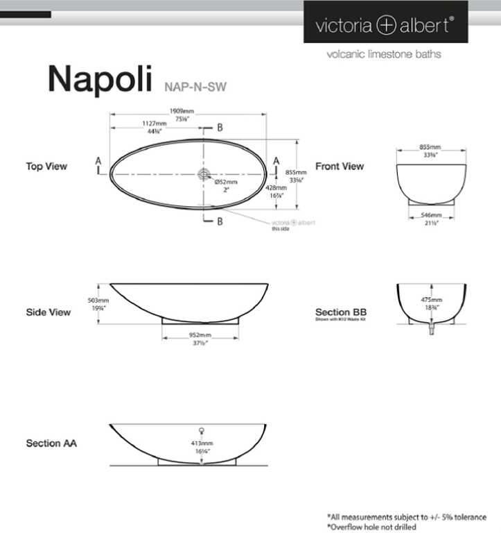 Napoli Freestanding bath 1909 x 855mm, without overflow image