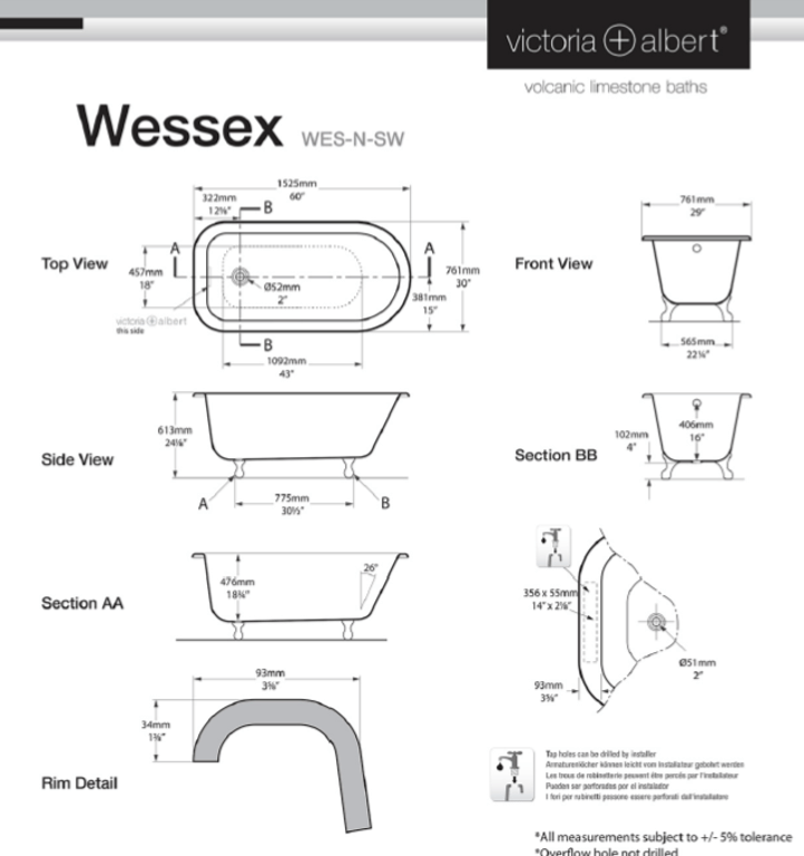 Wessex Claw foot bath 1525 x 761mm, without overflow, with White Quarrycast feet image