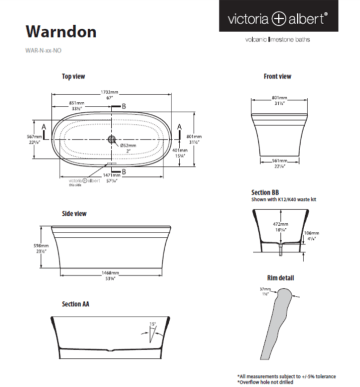 Warndon Freestanding bath 1702 x 801mm, without overflow image