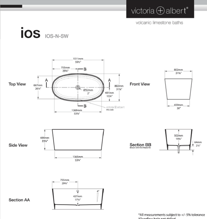 Ios freestanding bath 1511 x 802mm, without overflow image