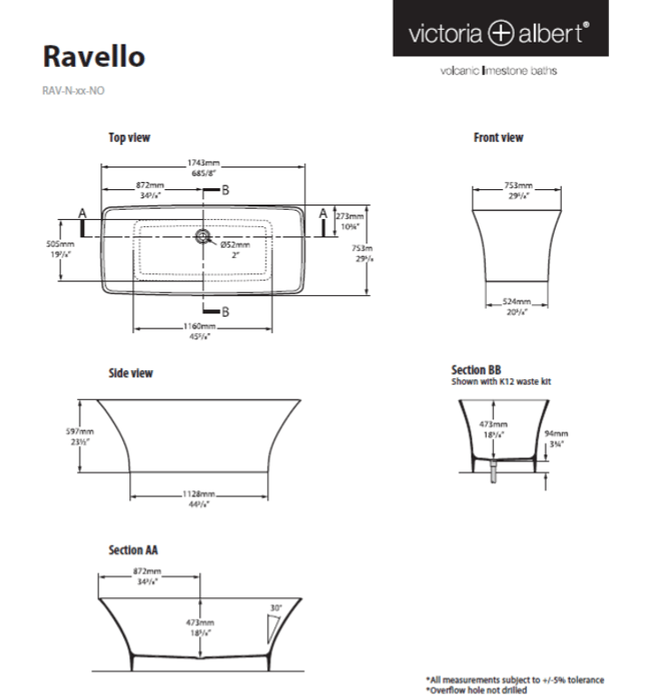 Ravello Freestanding bath 1743 x 753mm, without overflow image