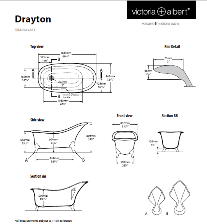 Drayton Claw foot bath 1685 x 842mm, without overflow, with White Quarrycast feet image