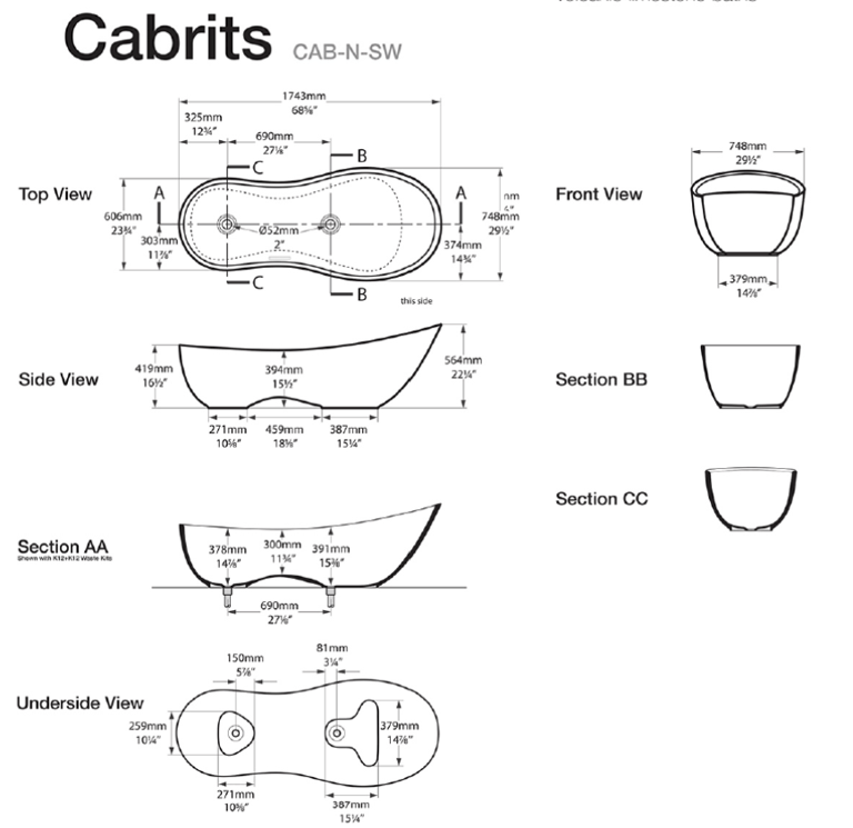 Cabrits Freestanding bath 1743 x 748mm, without overflow image