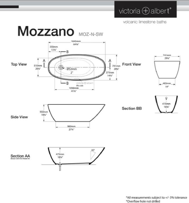 Mozzano Freestanding bath 1645 x 741mm, without overflow image