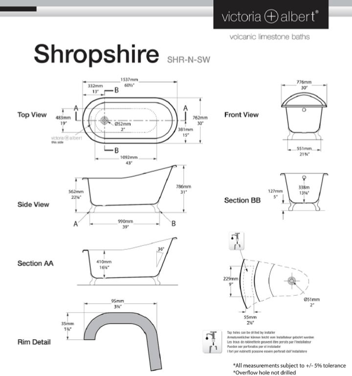 Shropshire Claw foot bath 1537 x 762mm, without overflow, with White Quarrycast feet image
