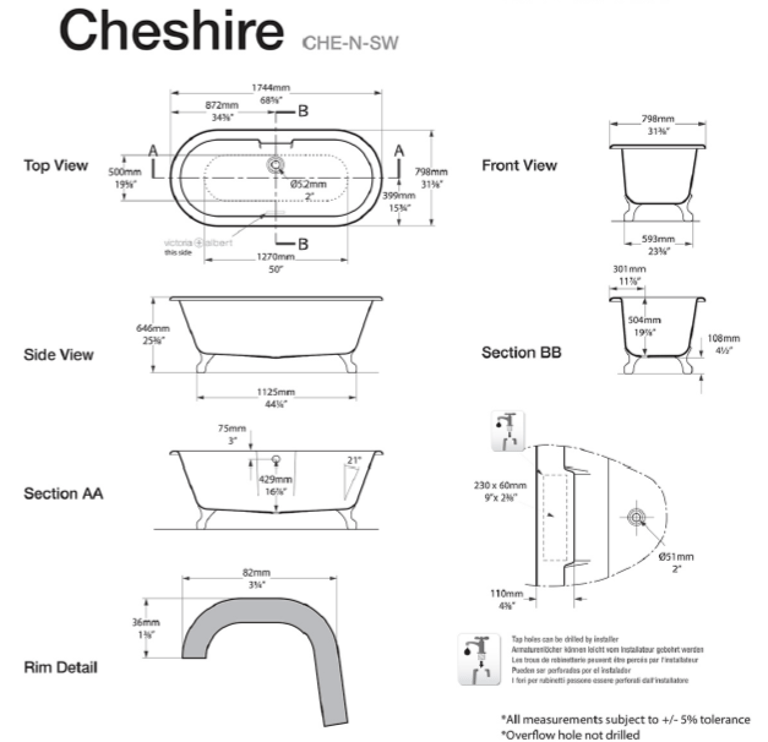 Cheshire Claw foot bath 1744 x 798mm, without overflow, with White Quarrycast feet image