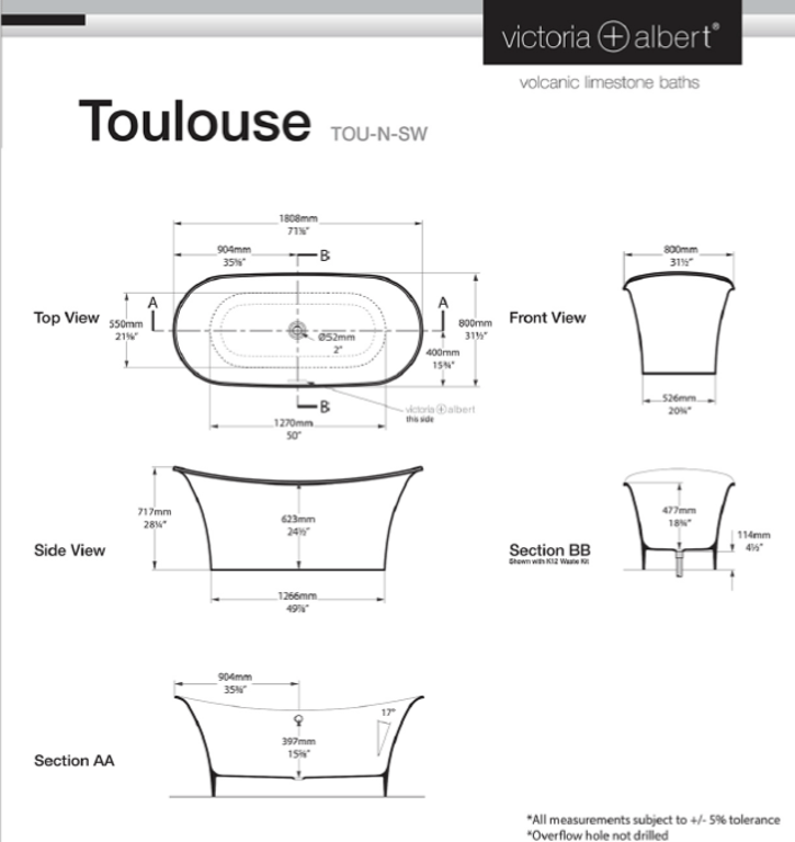 Toulouse 1800 Freestanding bath 1808 x 800mm, without overflow image