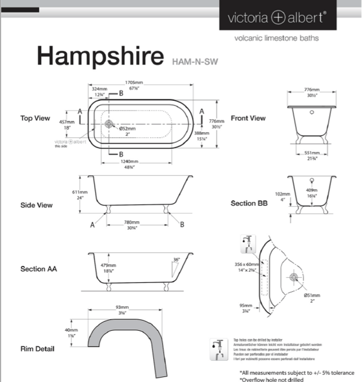 Hampshire Claw foot bath 1705 x 776mm, without overflow, with White Quarrycast feet image