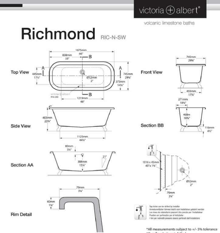 Richmond Claw foot bath 1675 x 745mm, without overflow, with White Quarrycast feet image