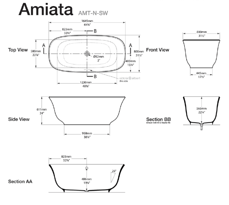 Amiata 1650 Freestanding bath 1645 x 800mm, without overflow image