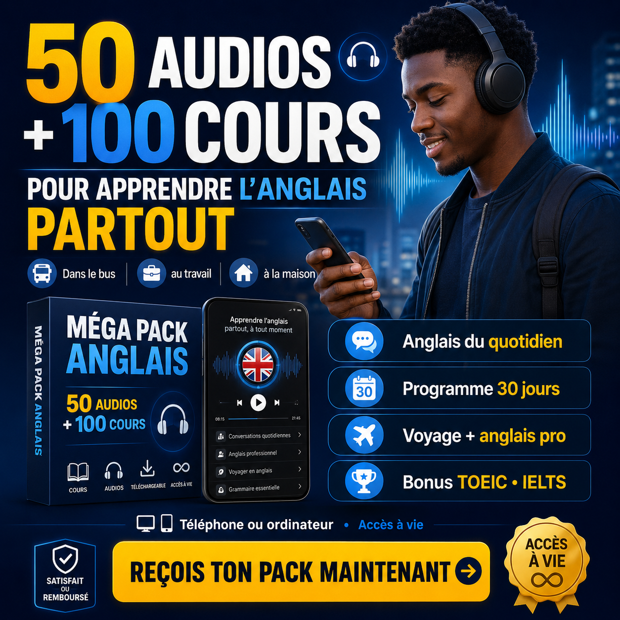 Devenir bilingue en 30 jours : 100 ressources, 50 audios, 500 mots pour lire, comprendre, parler anglais. 