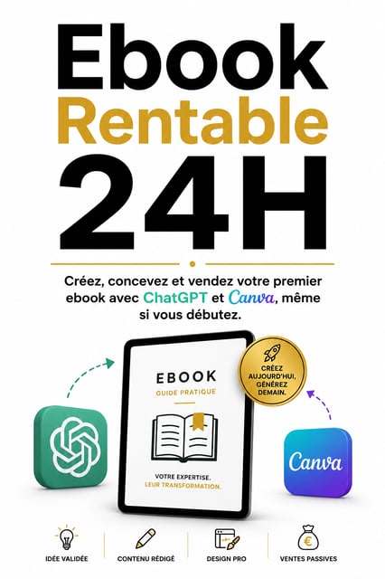 Ebook Rentable 24H  Créez, concevez et vendez votre premier ebook avec ChatGPT et Canva, même si vous débutez