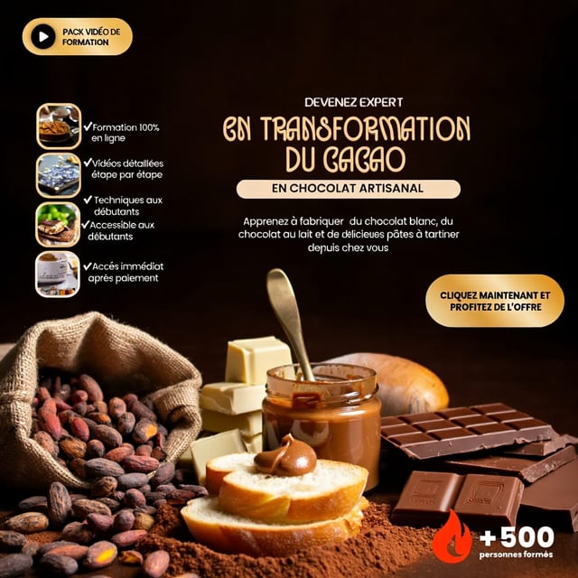 Transformation des fèves de cacao en chocolats (chocolat noir, au lait, blanc et tartiner)