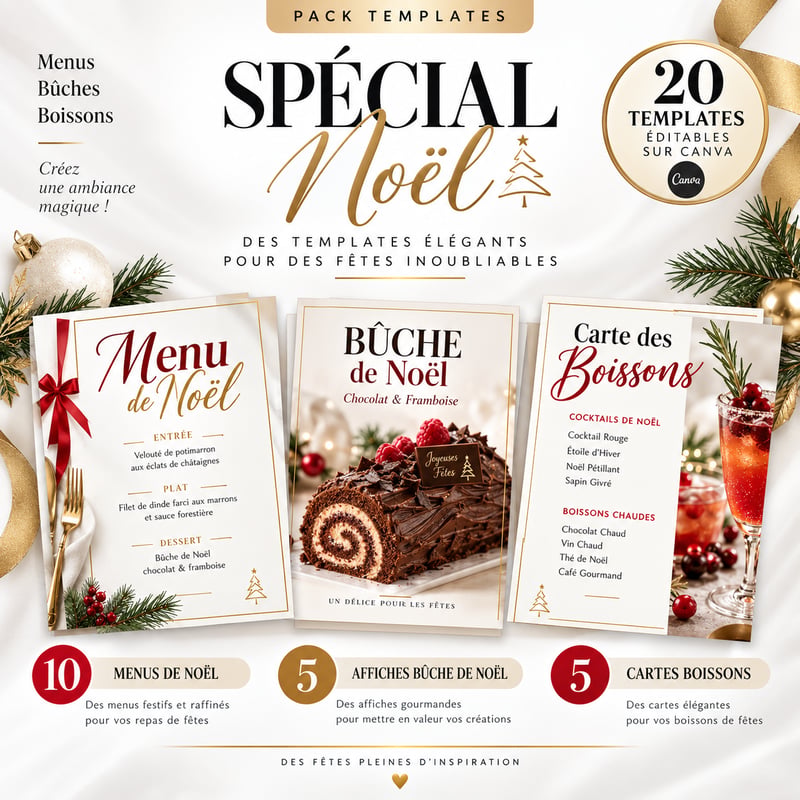 20 TEMPLATES POUR UN NOËL MAGIQUE-Menus • Affiches Bûches • Cartes Boissons