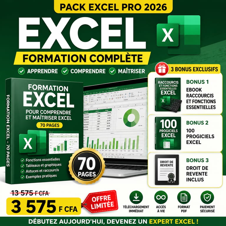 Pack Excel Pro 2026 – Formation Excel (70 pages) + 3 Bonus Exclusifs