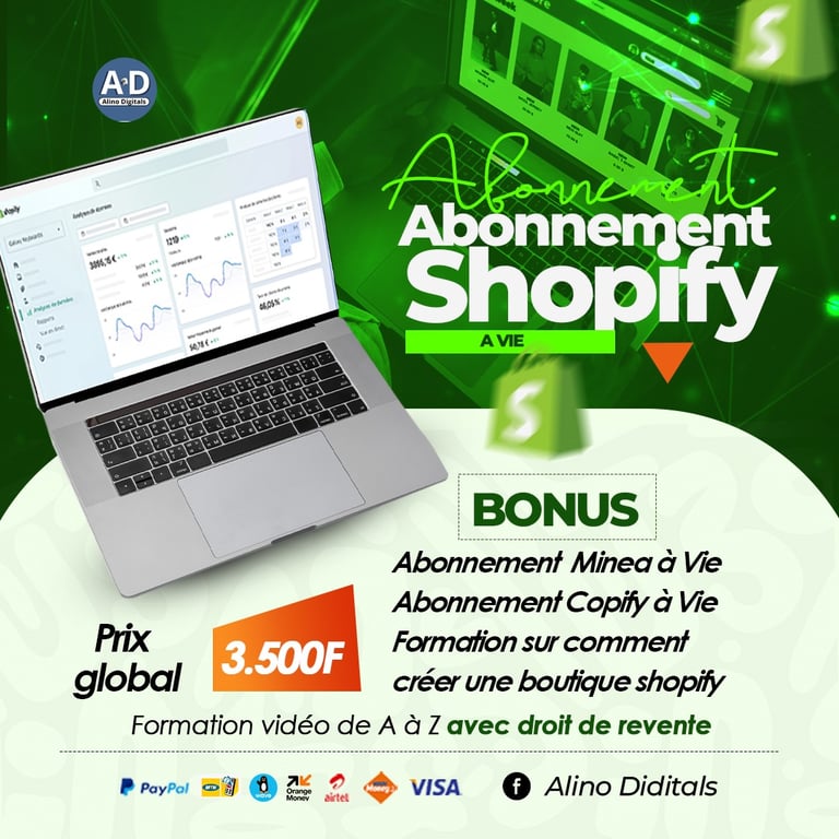 ABONNEMENT SHOPIFY à VIE + BONUS FORMATION COMPLETE CREATION BOUTIQUE SHOPIFY