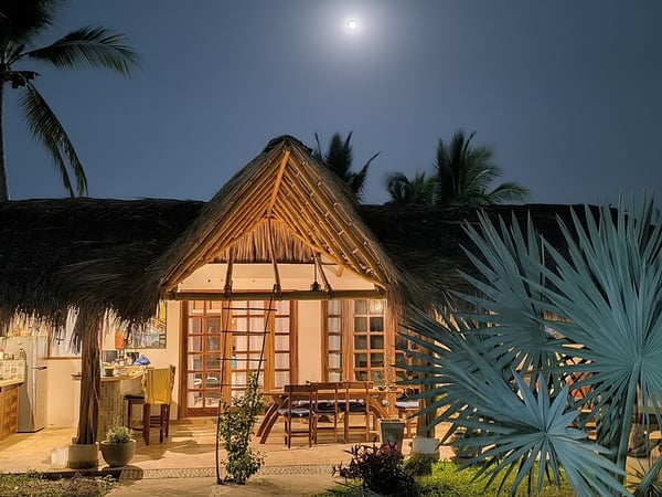 Cabaña de palapa iluminada bajo la luna llena, con cocina exterior y palmeras en la noche