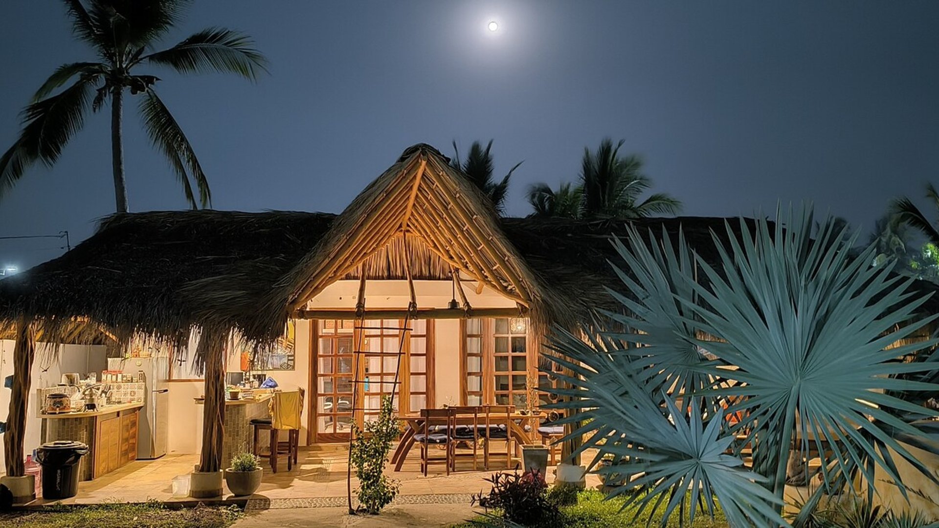 Cabaña de palapa iluminada bajo la luna llena, con cocina exterior y palmeras en la noche