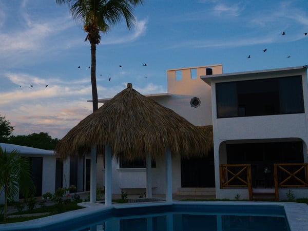 Alberca frente a palapa redonda y villa blanca de dos pisos al atardecer, con palmera y bandada de aves en el cielo azul