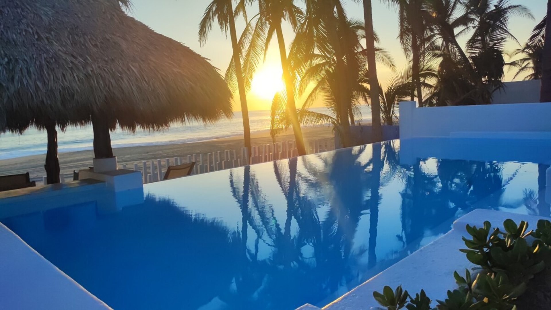 Alberca infinity frente al mar al atardecer, con palmeras y palapa enmarcando el sol sobre el Pacífico